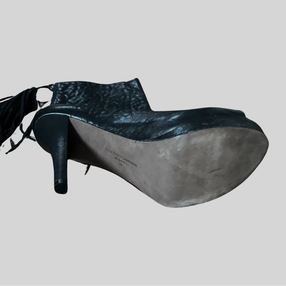 VERA WANG LAVENDER BLACK LEATHER PEEP TOE BOOTIES WITH BACK ZIP AND TASSELS - 9 - Picture 4 of 4
